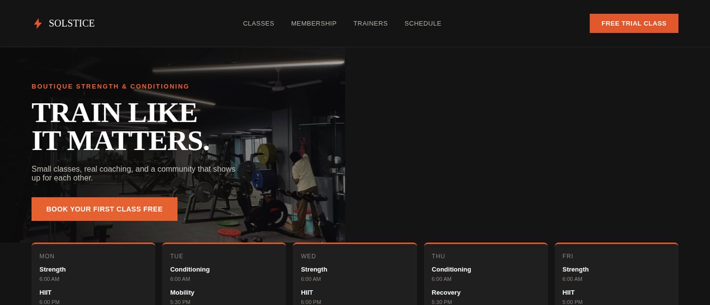 Solstice Fitness Studios — homepage design